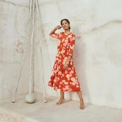 W22D New Winter Olivia Midi Dress In Fire Bloom